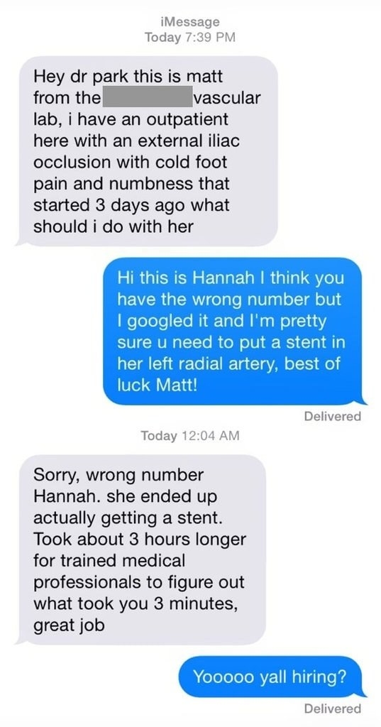 wrong number text of someone asking a medical question and the person solving the problem