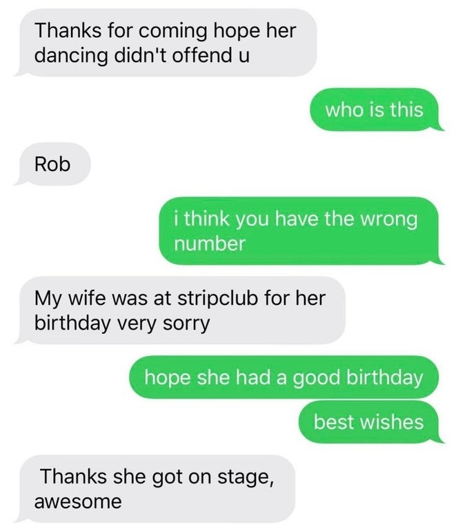 wrong number text of person saying my wife danced on stage