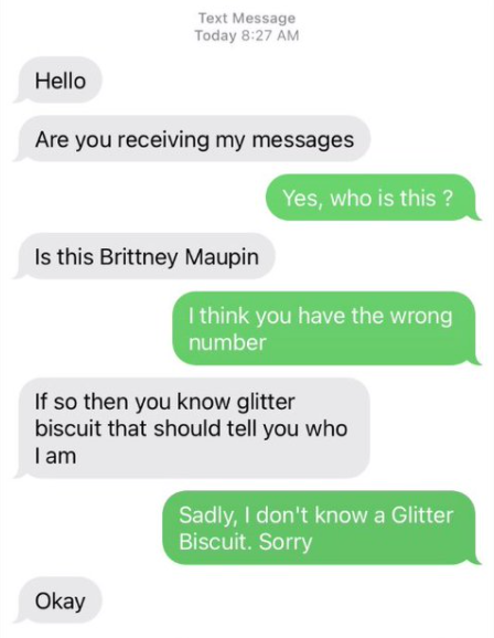 wrong number text of someone looking for a person named glitter biscuit