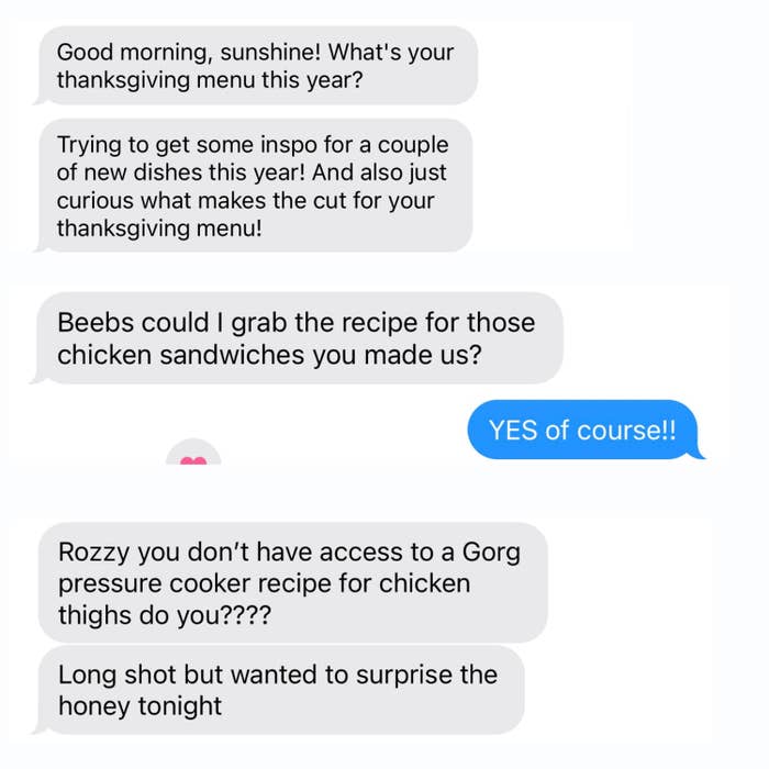 Multiple screenshots of texts from friends asking for recipes