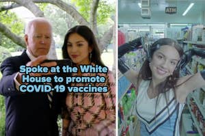 Olivia Rodrigo taking a selfie with President Joe Biden and a picture of Olivia Rodrigo in her "good 4 u" video