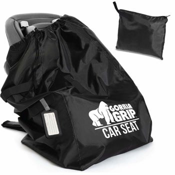 A car seat inside a cover and a carry pouch