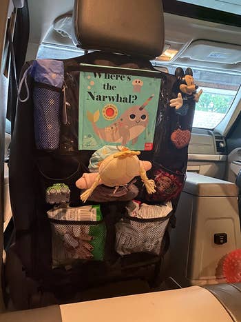 reviewer's photo showing the car seat organizer holding kid's stuff