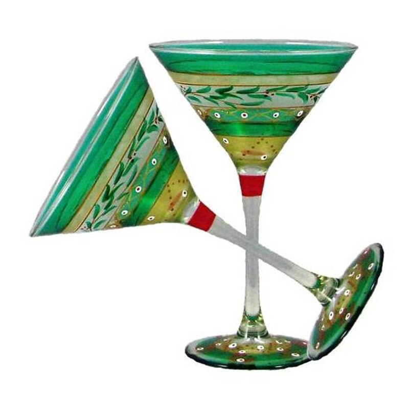 Green, red and gold painted martini glasses