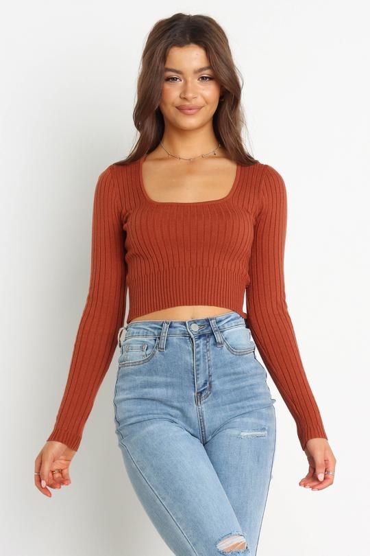 ribbed long sleeve top in rust color