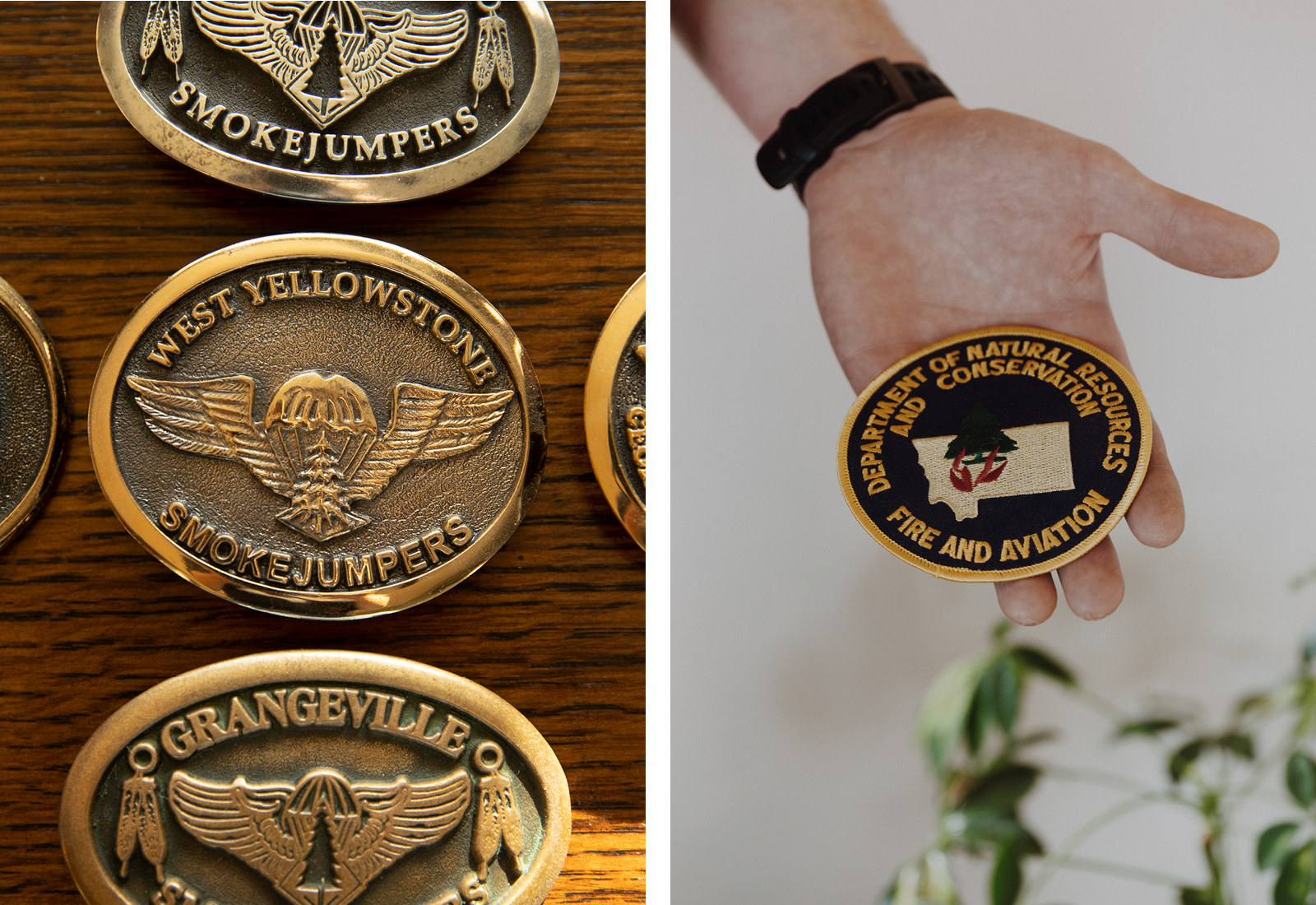 Left, buckles that read &quot;west yellowstone smokejumpers,&quot; right, a hand holding a patch from the Montana Department of Natural Resources and Conservation Fire and Aviation 