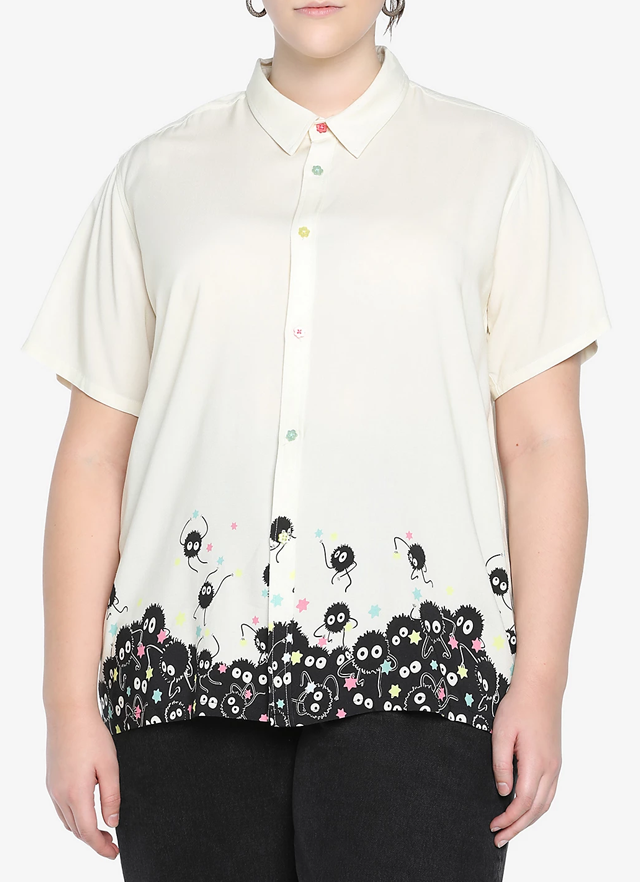 white blouse with soot sprites clamoring for star shaped candy at the bottom and pastel star buttons