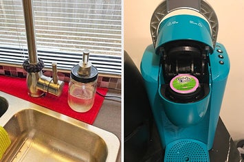 Reviewer's sink with drip catcher and reviewer's Keurig with Quick and Clean k-cup inside