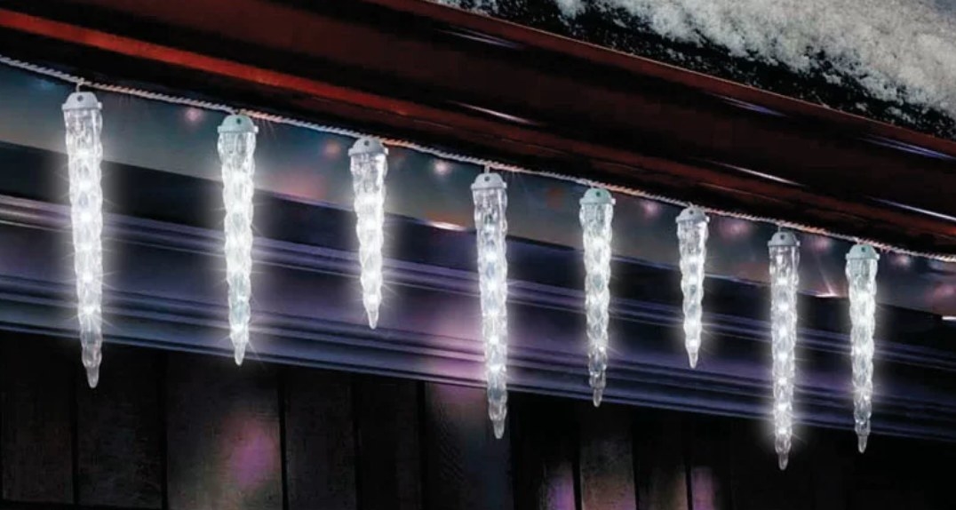LED icicle lights hanging on roof