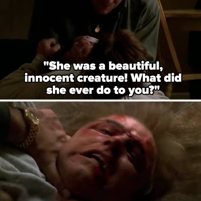 Tony yells "she was a beautiful, innocent creature! what did she ever do to you?" as he beats ralph to death