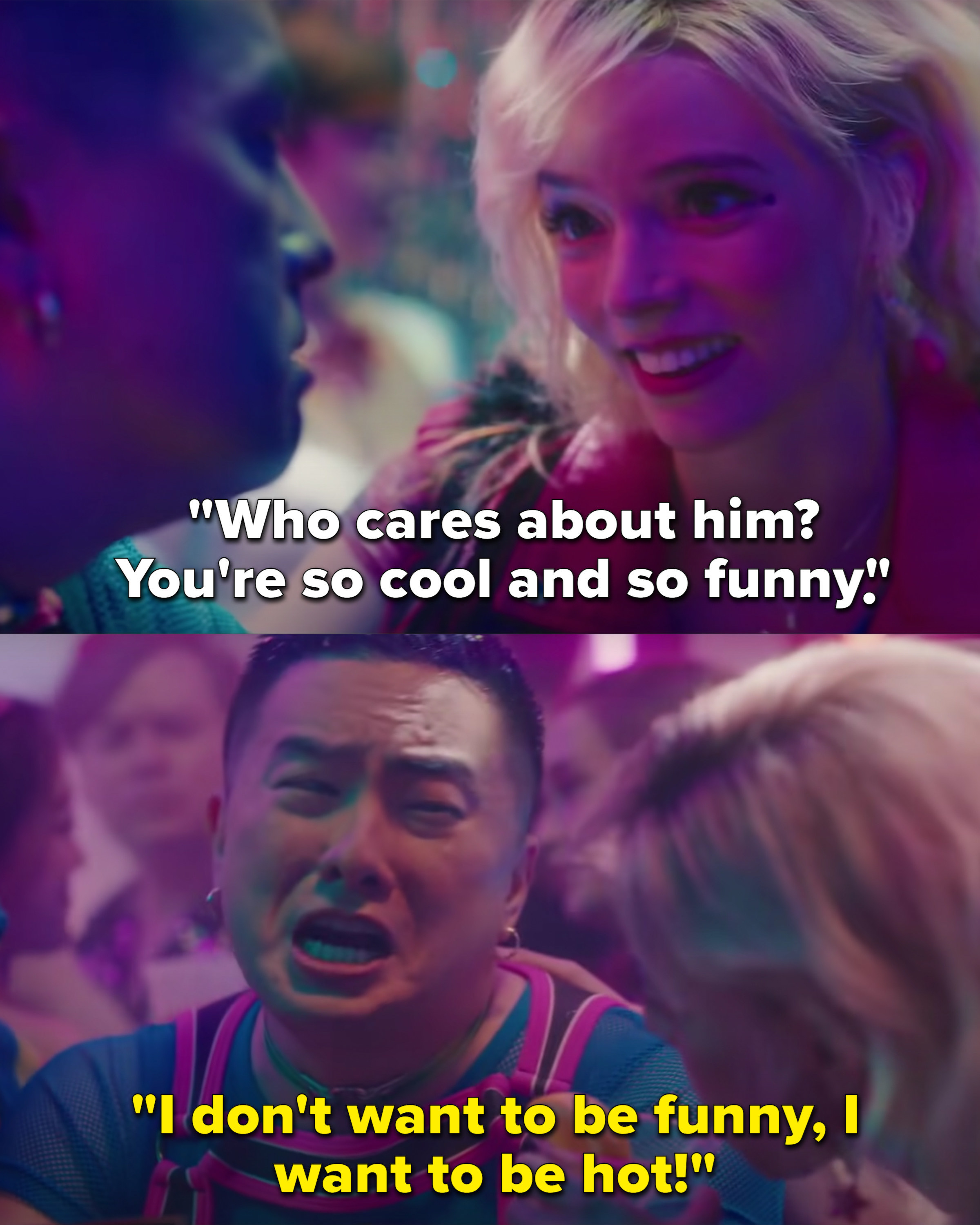 Above: Anya Taylor-Joy says not to worry about a guy and that you are funny and cool Below: Bowen Yang cries as he says he doesn&#x27;t want to be funny, he wants to be hot in &quot;Saturday Night Live&quot;