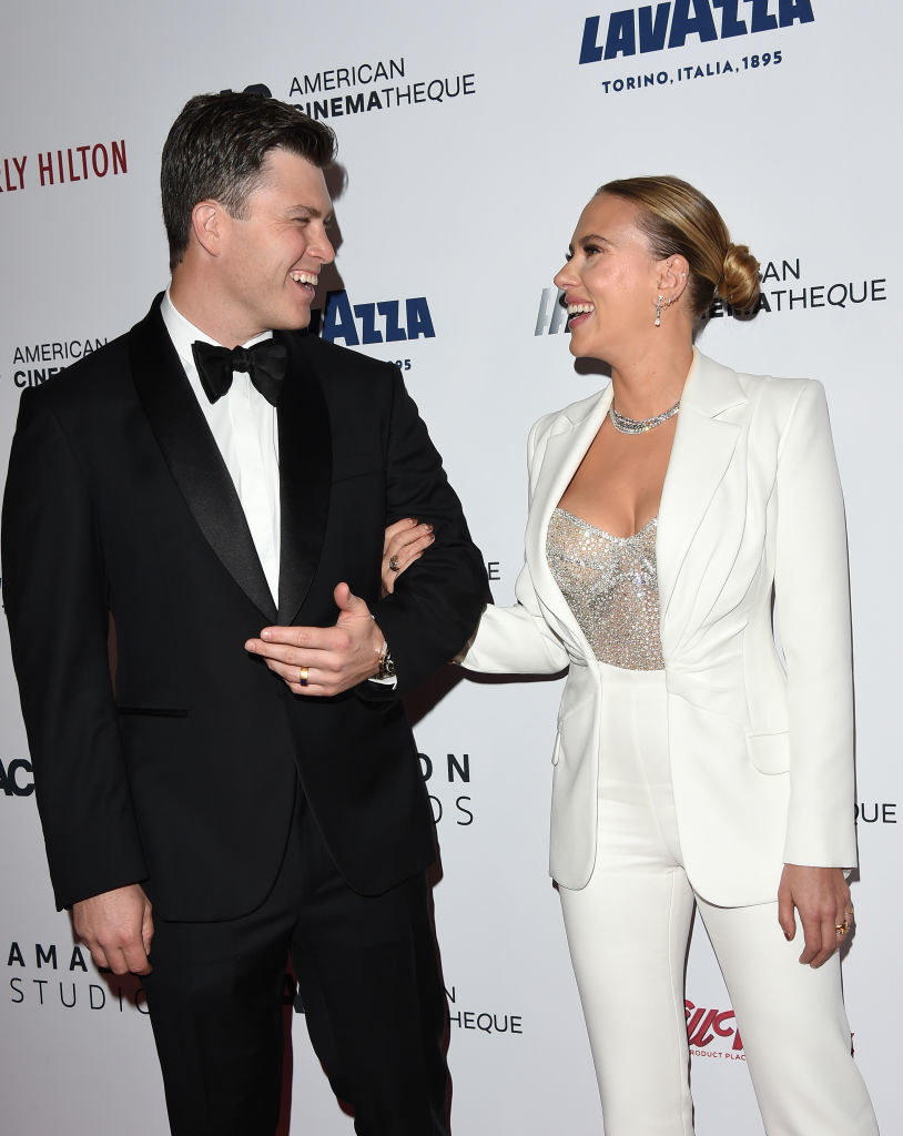 Colin Jost and Scarlett Johansson attending an awards even honoring Scarlett