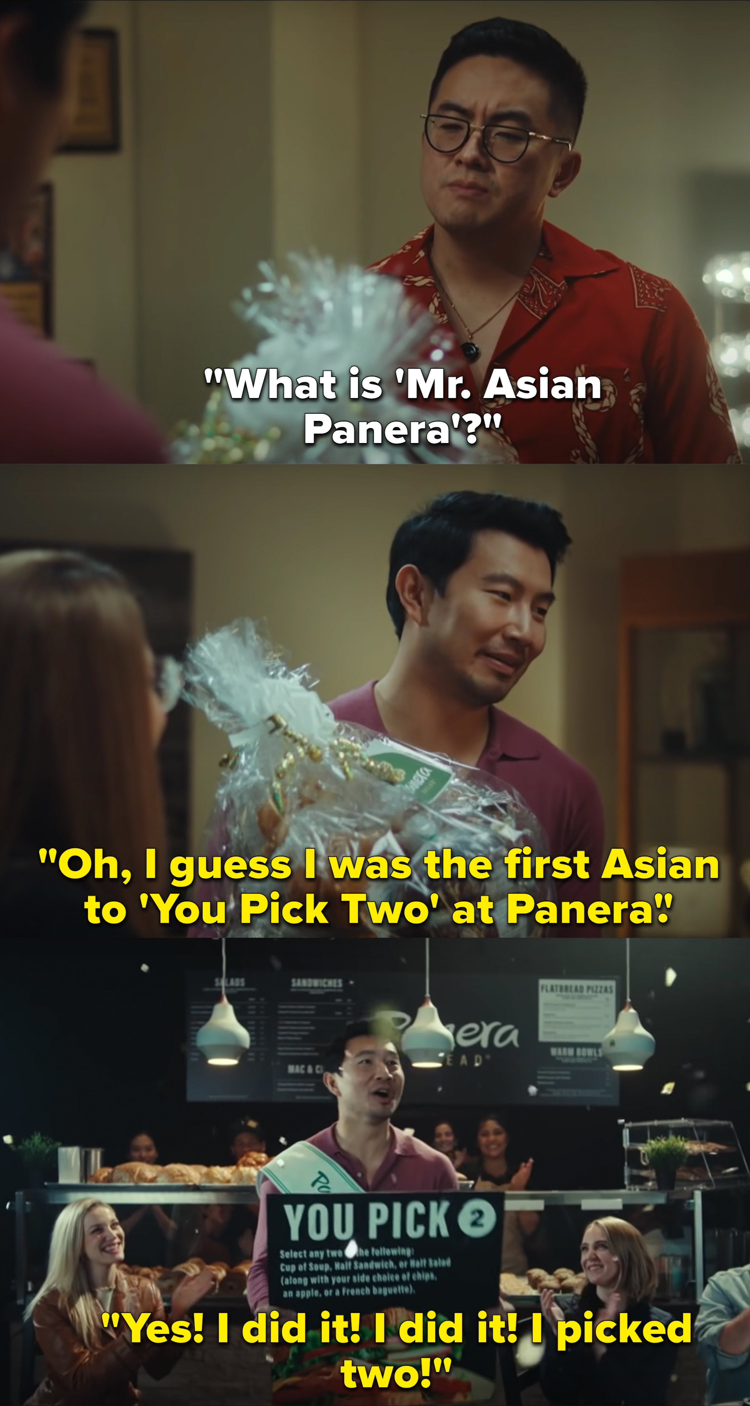 Top: Bowen Yang asks what &quot;Mr. Asian Panera&quot; Is Middle: Simu Liu says that he was the first Asian person to order a You Pick Two Lower: Simu Liu stands his a Panera and holds a You Pick Two Sign as he cheers in &quot;Saturday Night Live&quot;