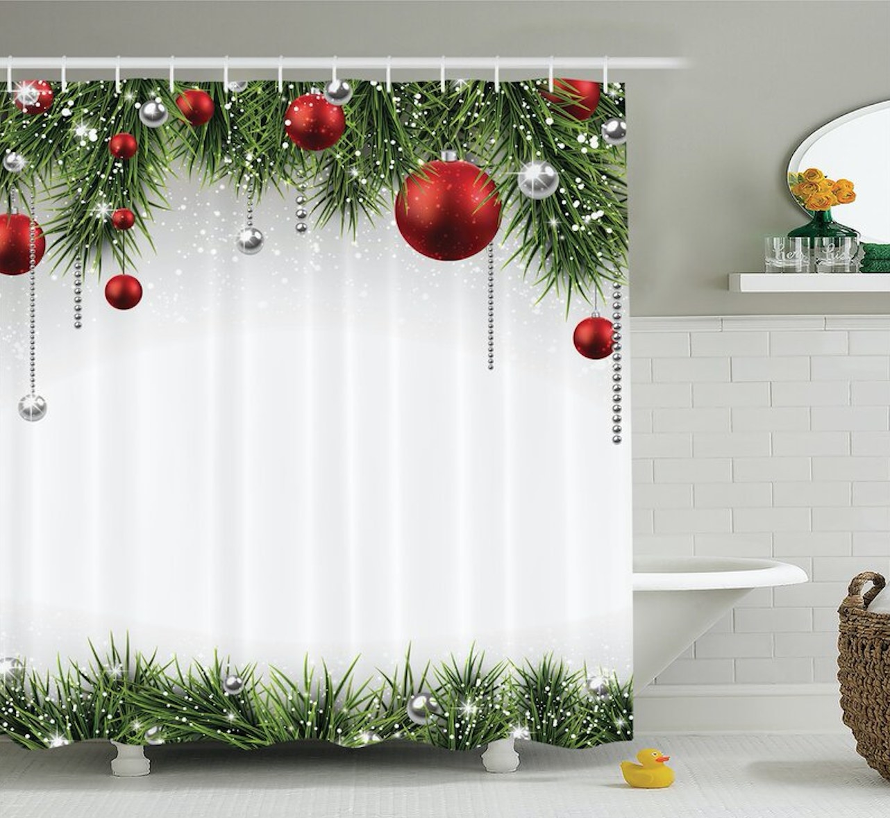 White shower curtain with red ornament and green pine detailing on top and bottom