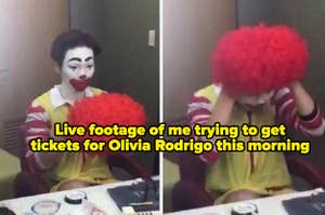 A picture of someone putting on a clown wig after being disappointed 