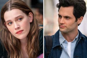side by side images of Victoria Pedretti and Penn Badgley in You