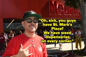A guy posing in front of a med men sign, captioned "Oh, sick, you guys have St. Mark's Place? We have weed dispensaries on every corner."