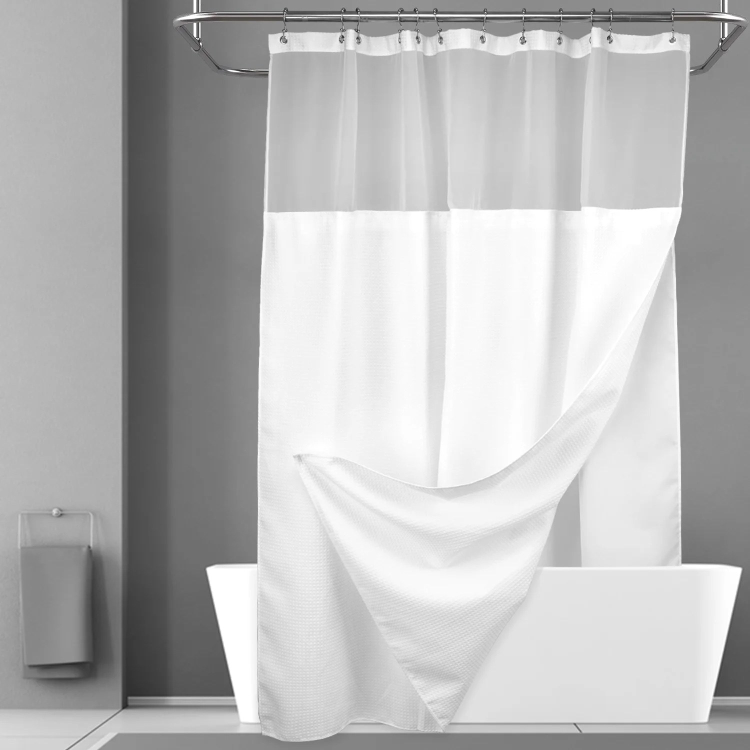 a shower curtain with liner and shower curtain hooks