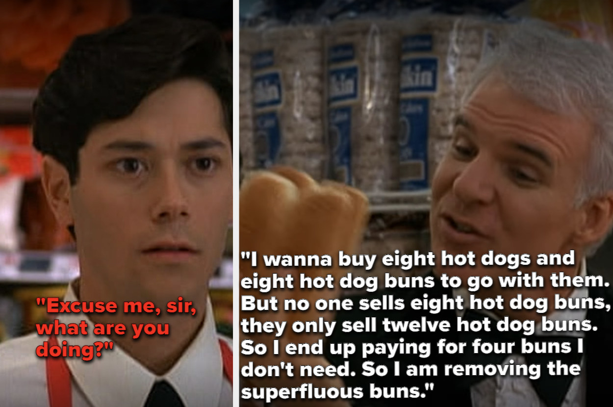 George Banks goes off on a grocery store employee about the difference in quantity between hot dogs and hot dog buns available for purchase at the store