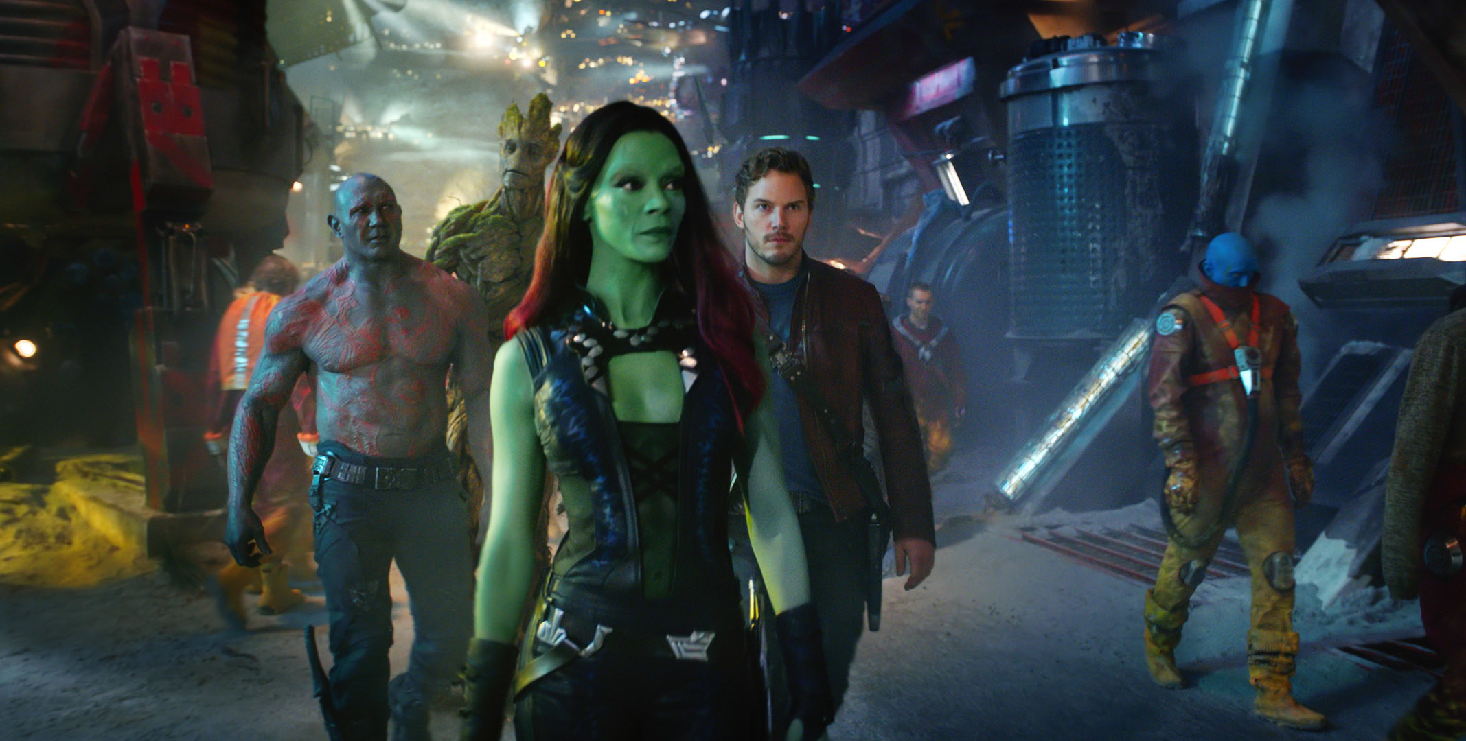 Dave Bautista, Groot (voice: Vin Diesel), Zoe Saldana, Chris Pratt as the Guardians, walking