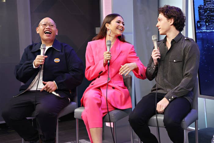 From left to right: Jacob Batalon, Zendaya, and Tom during an interview