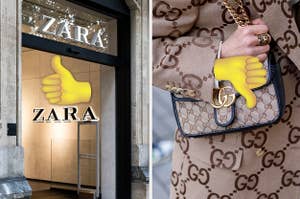 A Zara store is on the left marked with a thumbs up and a woman in Gucci on the right marked with a thumbs down