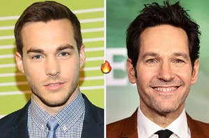 Chris Wood is on the left in a portrait with Paul Rudd on the right and a fire emoji in the center