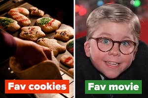 A woman is putting cookies in the oven labeled, "fav cookies" with a boy sliding down labeled, "Fav movie"