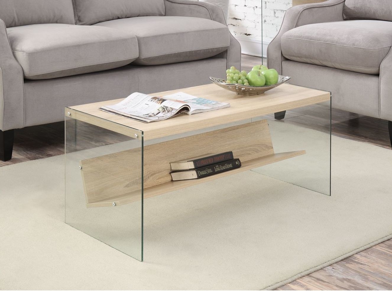 The weathered white coffee table styled in a room