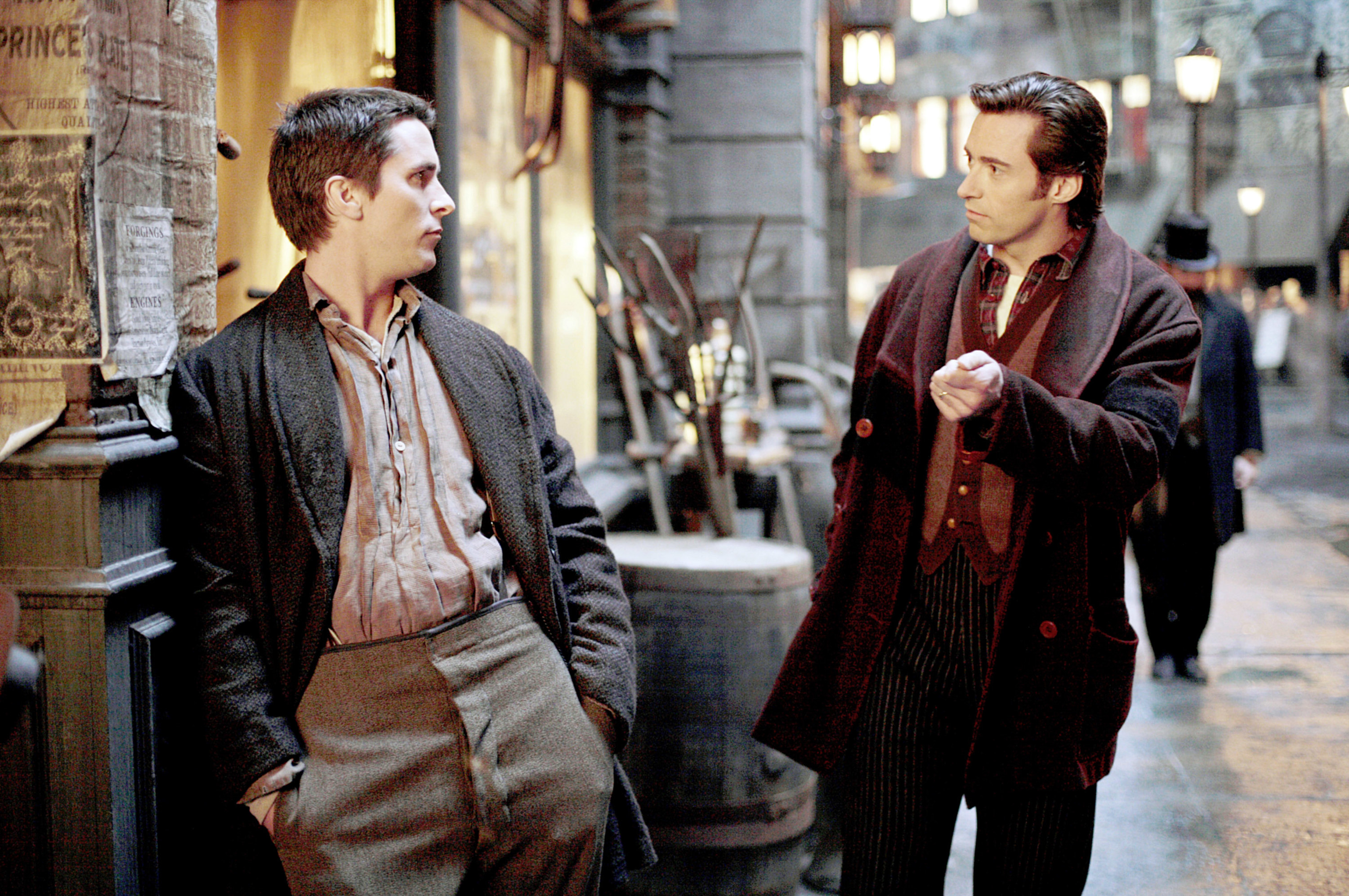 Christian Bale, Hugh Jackman in 19th century clothing, talking in the street