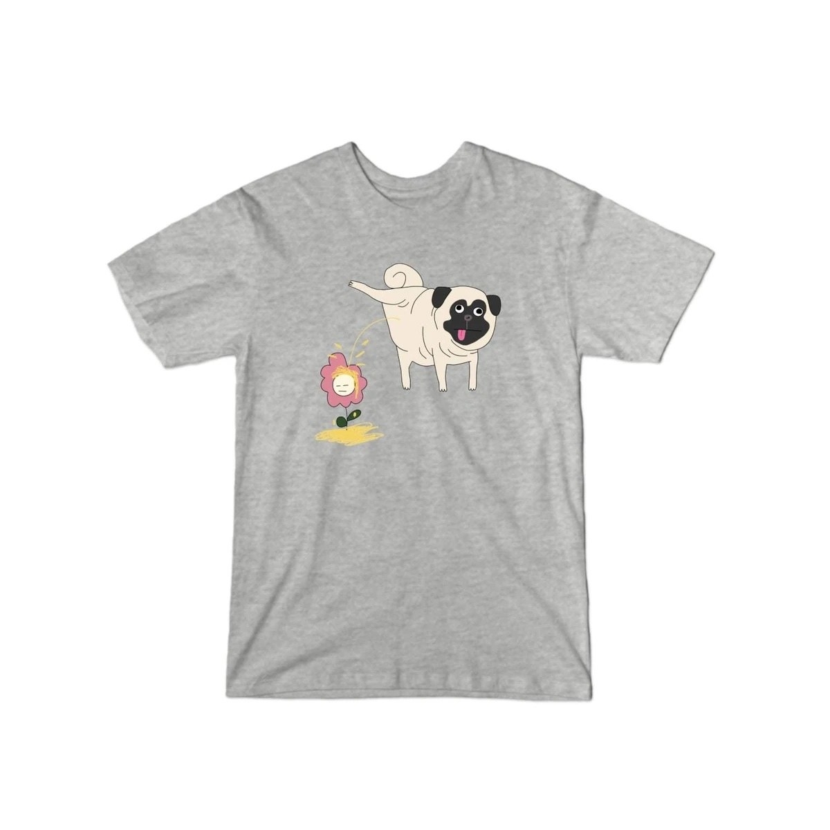 a t-shirt with a pug peeing on an unhappy flower