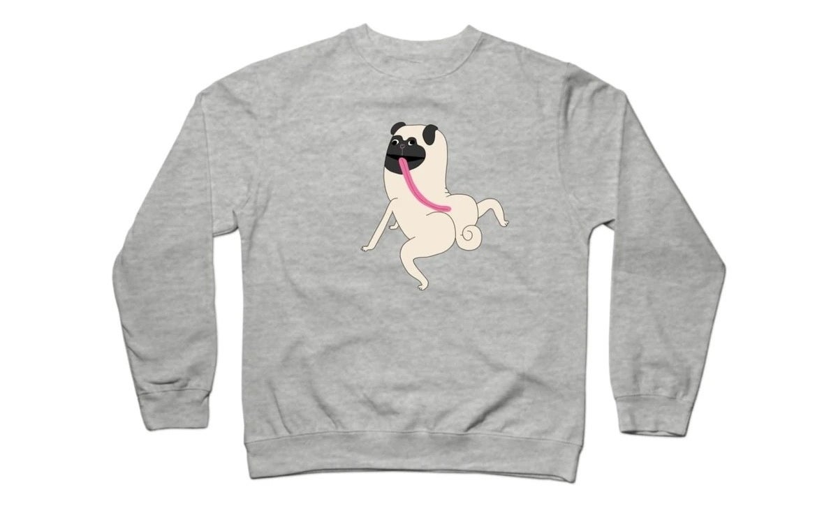 a sweater with a pug shaking its butt with its tongue out on the front
