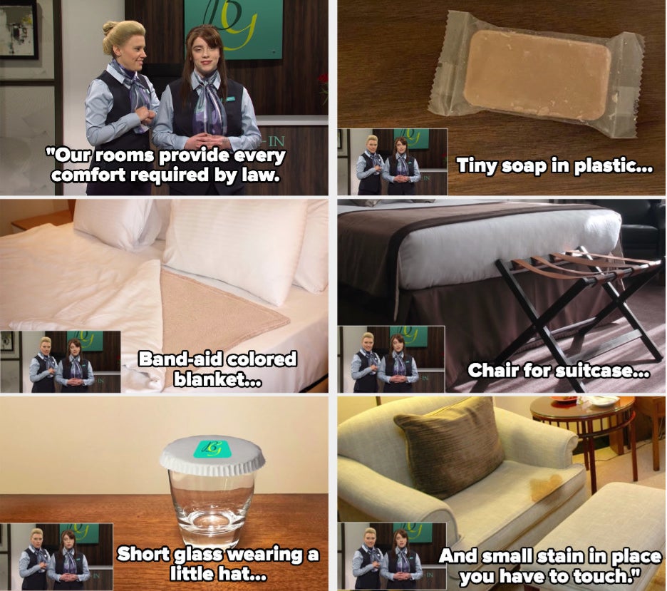 A number of photos showing unappetizing features of the hotel, including a "Band-Aid colored blanket" and a couch with a "small stain in place you have to touch"