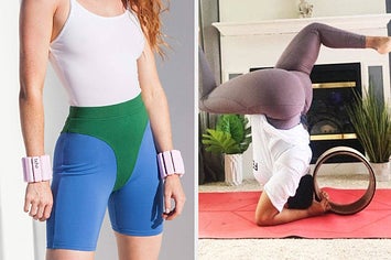 on left, model wears pink Balla Bangle wrist weights. on right, reviewer uses yoga wheel to complete a headstand in living room