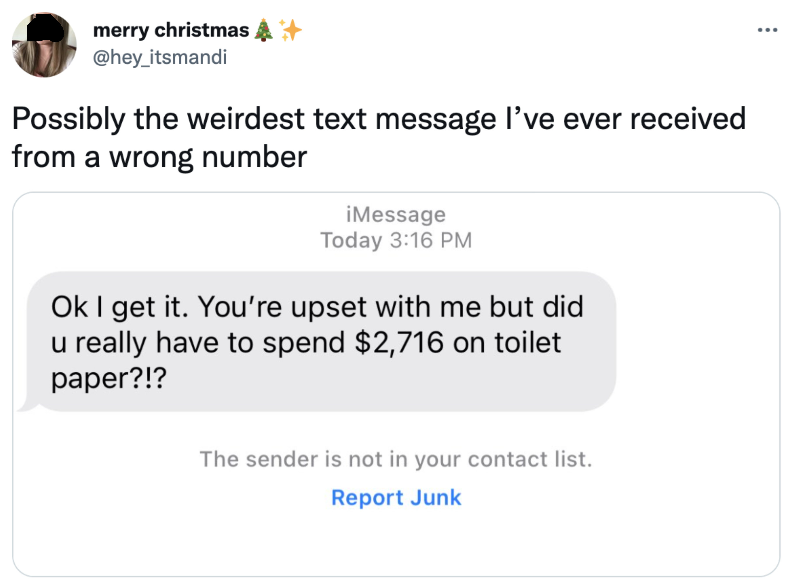 wrong number text of someone who spent a lot of money on toilet paaper