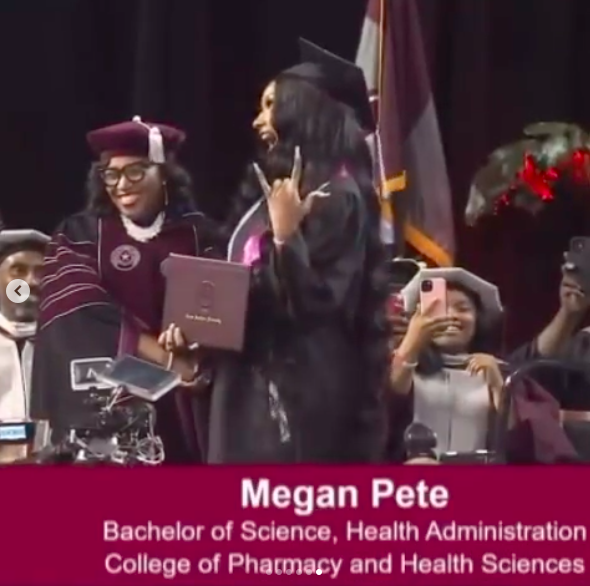 Megan holding her degree with the caption &quot;Megan Pete: Bachelor of Science, Health Administration, College of Pharmacy and Health Sciences&quot;