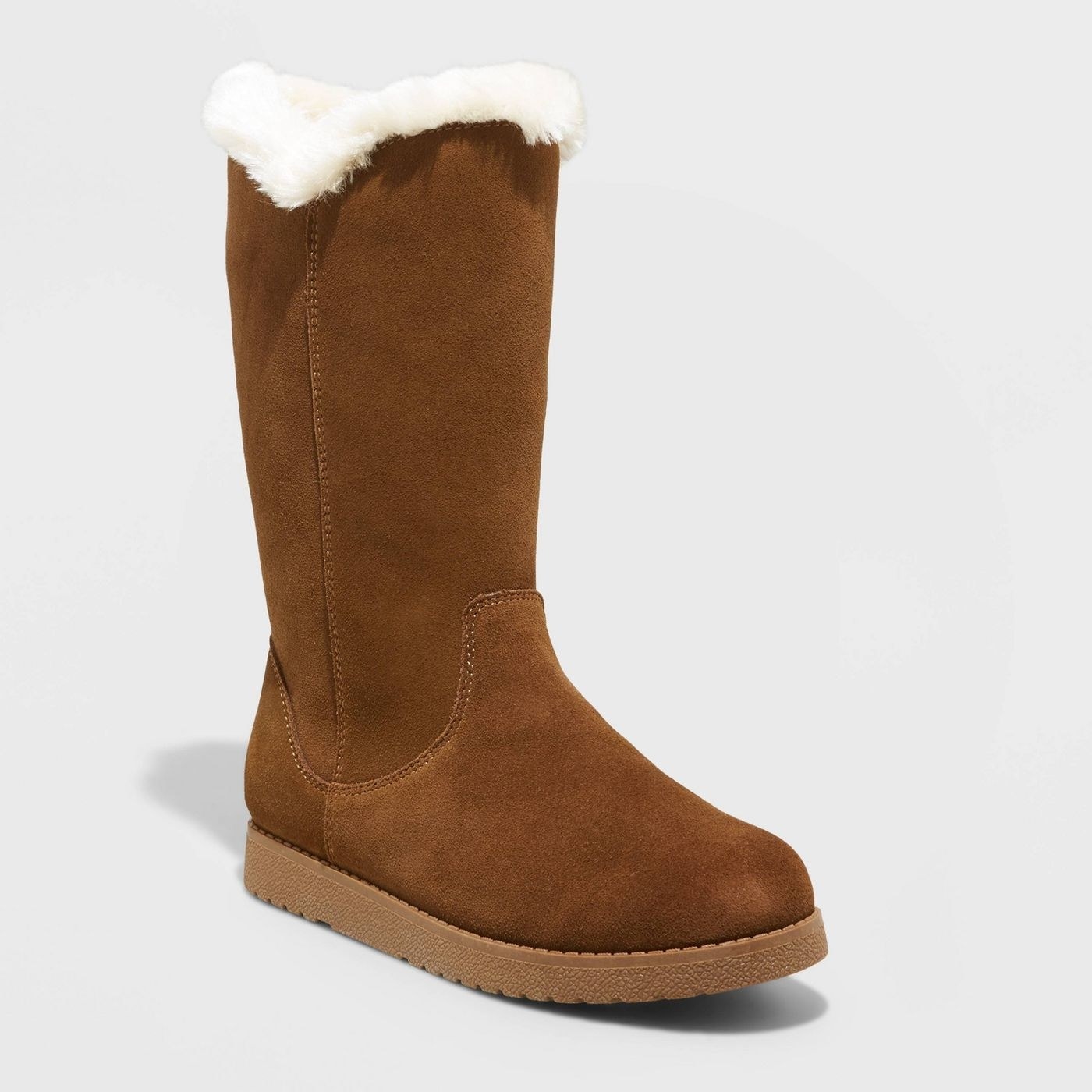 tall brown suede boot with shearling lining