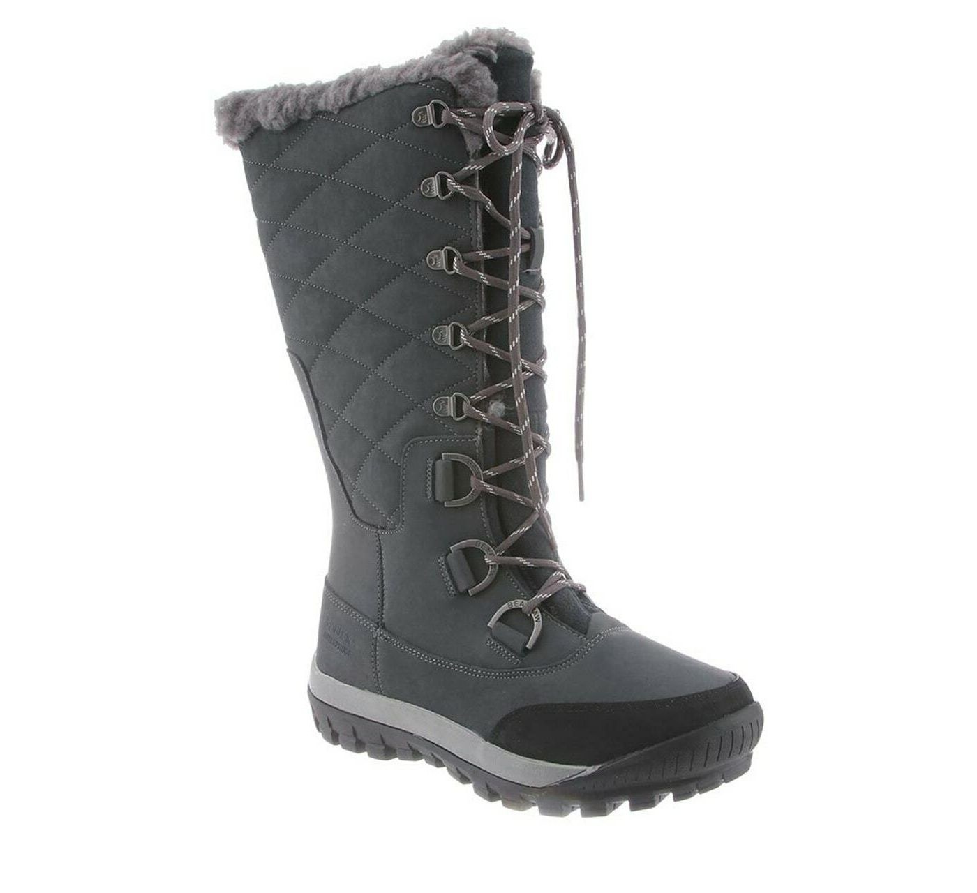 gray tall quilted winter boot with faux fur trim