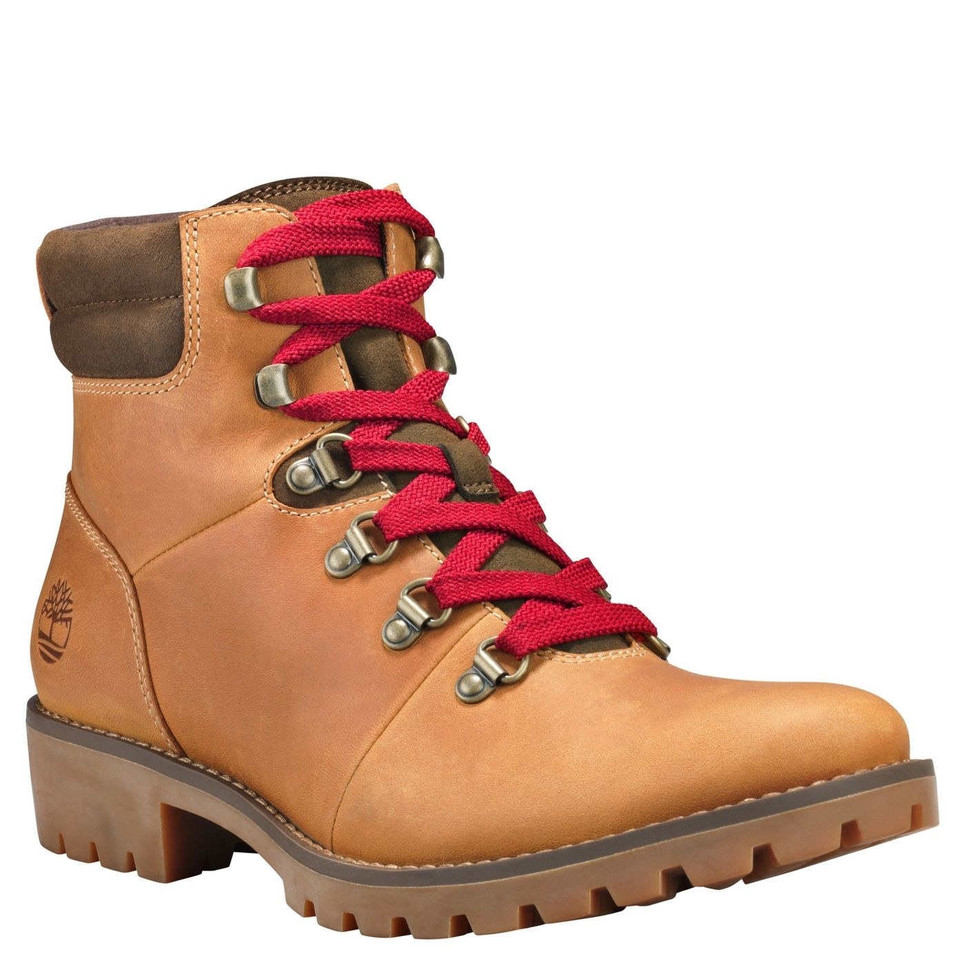 tan Timberland hiking boots with red laces