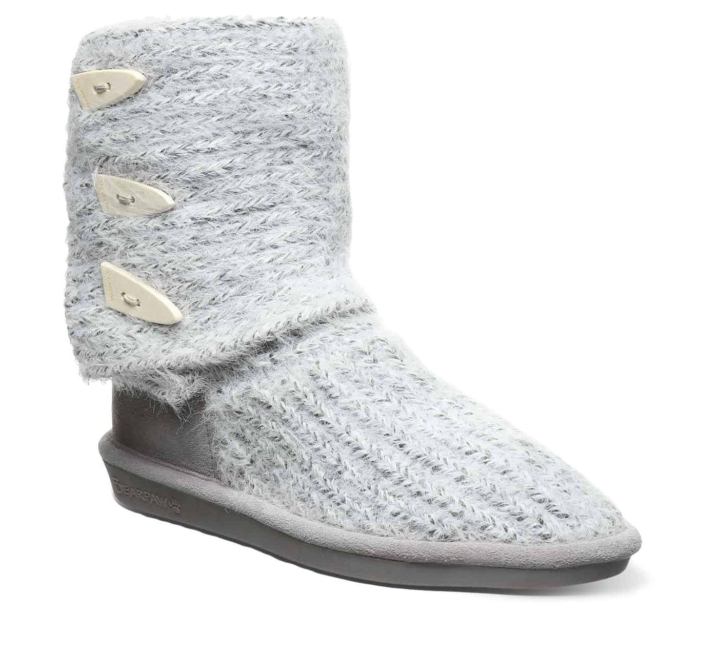 light gray knit boots folded over with toggle