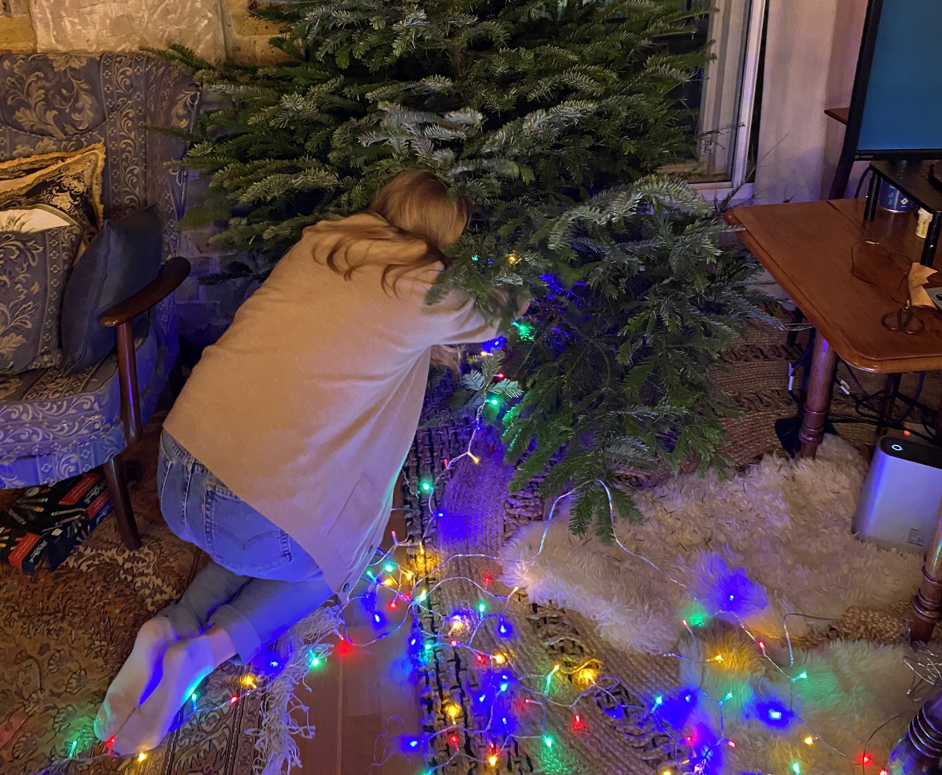 emma bending over the trunk of the tree, holding the lights