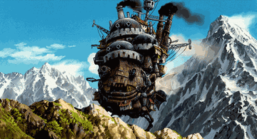 howl&#x27;s moving castle traveling through the mountains