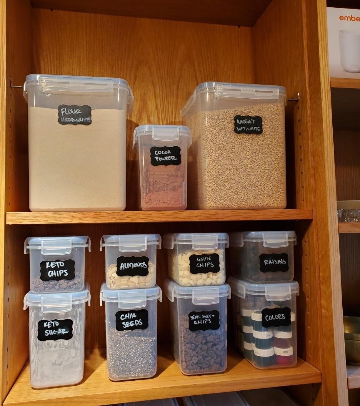 reviewer image of pantry organized using labeled food containers
