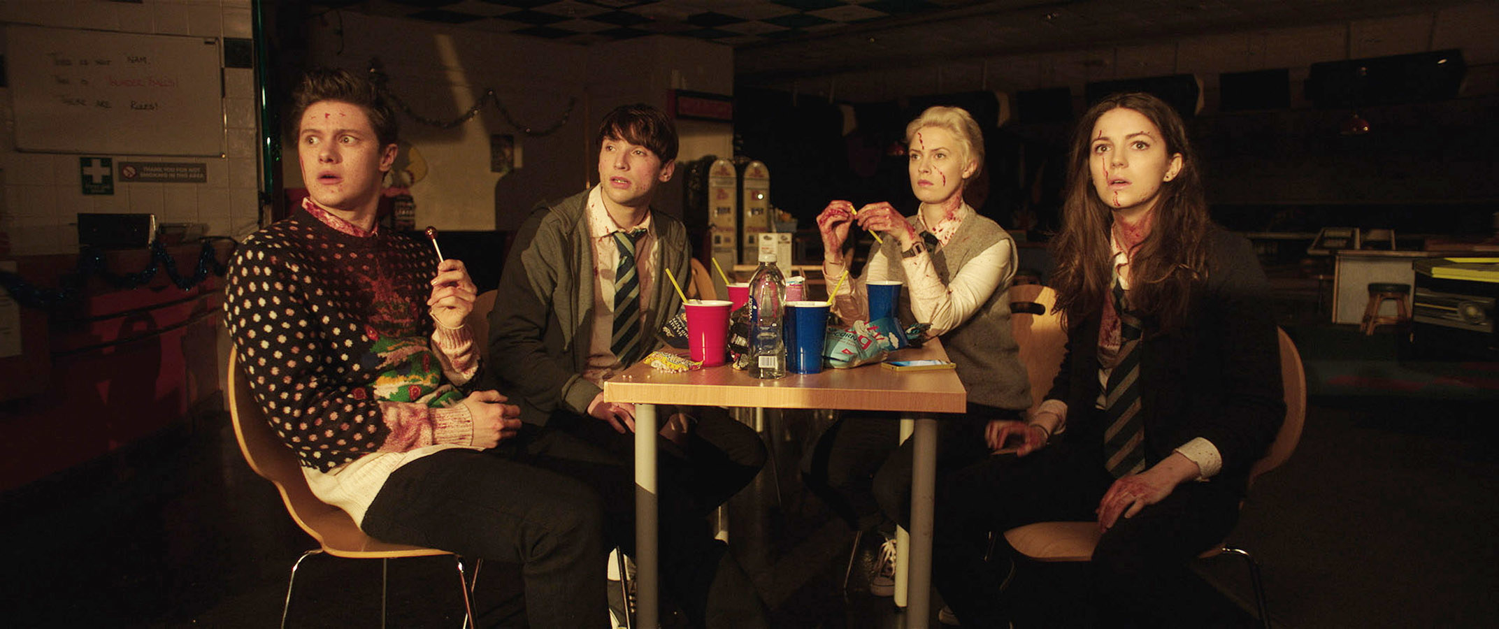 John (Malcolm Cumming), Chris (Christopher Leveaux), Steph (Sarah Swire) and Anna (Ella Hunt) in &quot;Anna and the Apocalypse&quot;