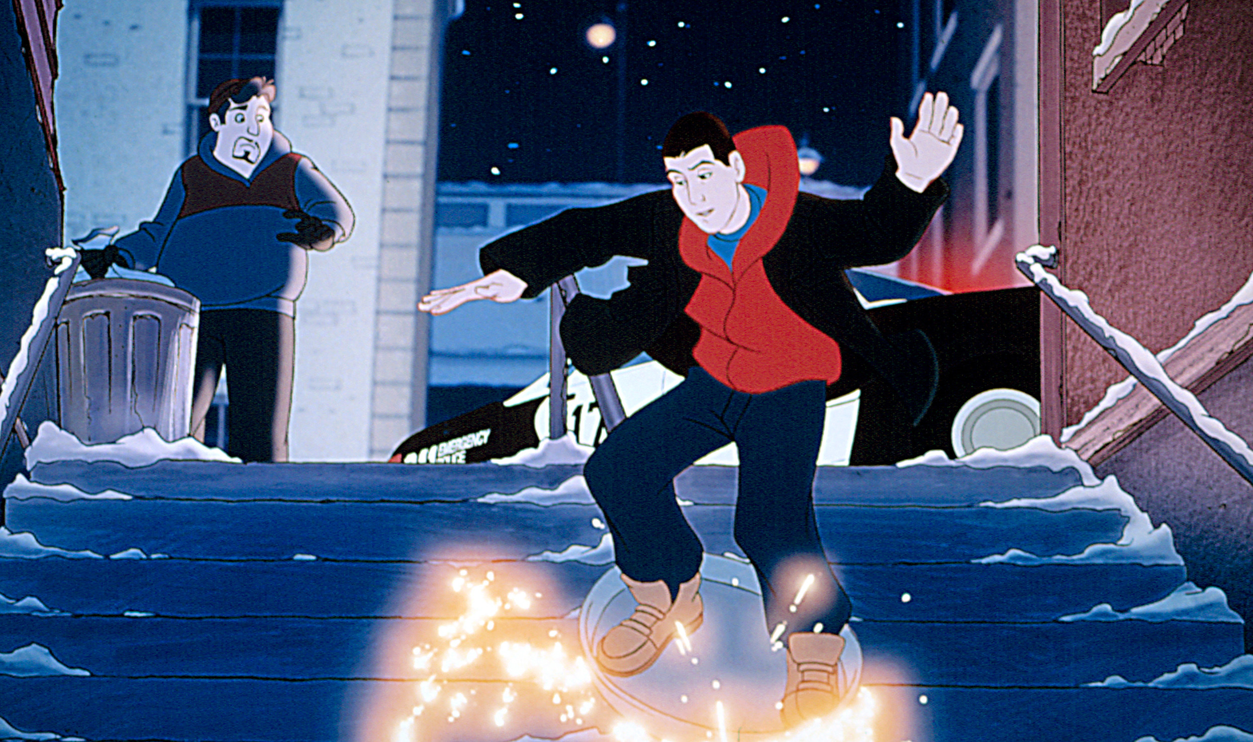 Davey Stone (Adam Sandler) rides a garbage can lid down a handrail in &quot;Eight Crazy Nights&quot;