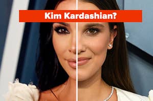 Half of Kim Kardashian's face is on the left with half of Millie Bobby Brown on the right labeled, "Kim Kardashian?"
