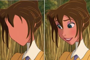 Side-by-side of Jane from "Tarzan" without her facial features, then a pic with her normal face