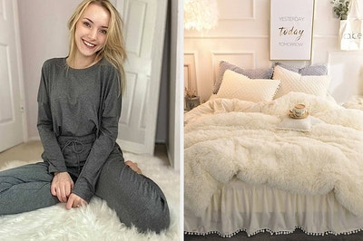 monochromatic loungewear set on the left and duvet cover on the right