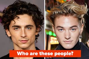 Timothee Chalamet is on the left with Mitchell Hoog on the right labeled, "Who are these people?"