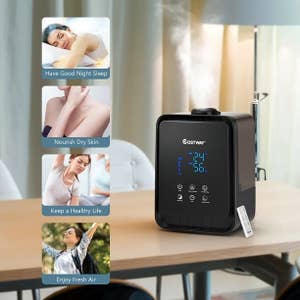 lifestyle photo of box shaped humidifier with remote control and infographics on side